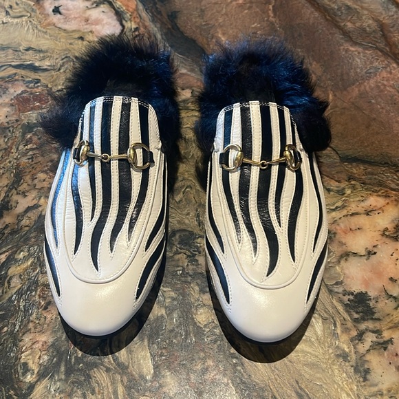 Gucci ‘Princetown’ Fur Horsebit Mules Zebra Slides - Picture 1 of 8